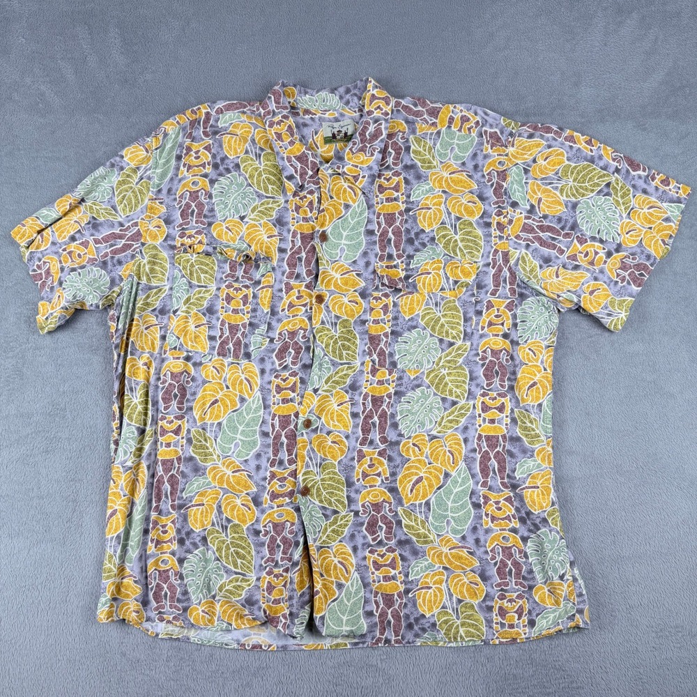 Reyn Spooner Hawaiian Shirt Mens XL Purple Tiki Monstera Leaf Button Down Short